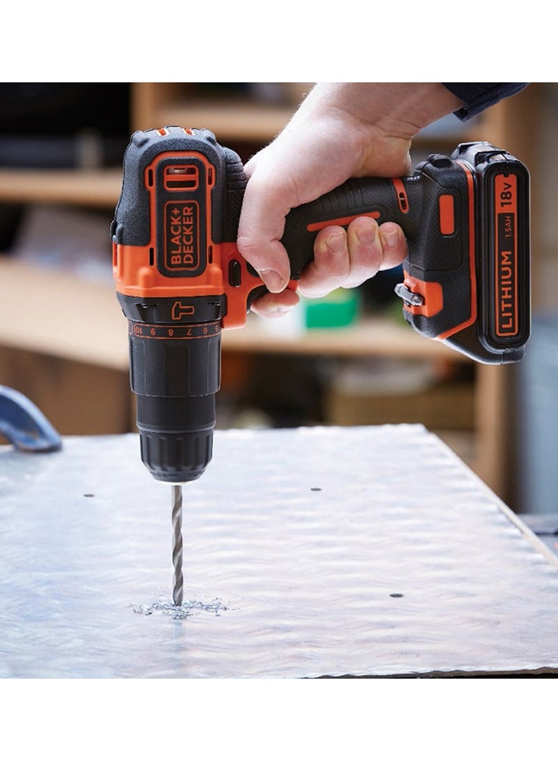 BLACK+DECKER Cordless Hammer Drill,18V, 1.5Ah Li-Ion Battery, 10 Torque Settings, 21,000 BPM, Variable Speed, Keyless Chuck, Includes Kitbox, for Wood, Metal, Masonry, Orange - BCD700S1K-GB - Image 4
