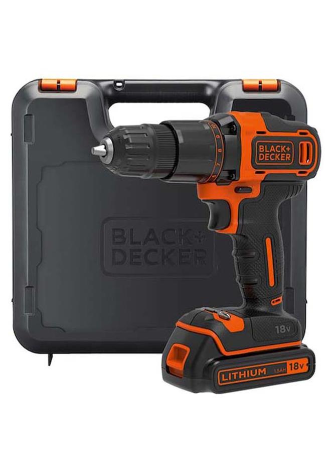 BLACK+DECKER بلاك+ديكر BCD700S1K-GB مثقاب مطرقة 18 فولت مع بطارية ليثيوم أيون 2 سرعة + شاحن 400 مللي أمبير + 1 بطارية + صندوق عدة - Image 1
