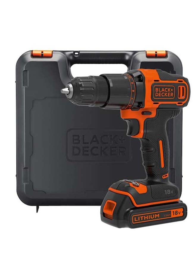 BLACK+DECKER Cordless Hammer Drill,18V, 1.5Ah Li-Ion Battery, 10 Torque Settings, 21,000 BPM, Variable Speed, Keyless Chuck, Includes Kitbox, for Wood, Metal, Masonry, Orange - BCD700S1K-GB