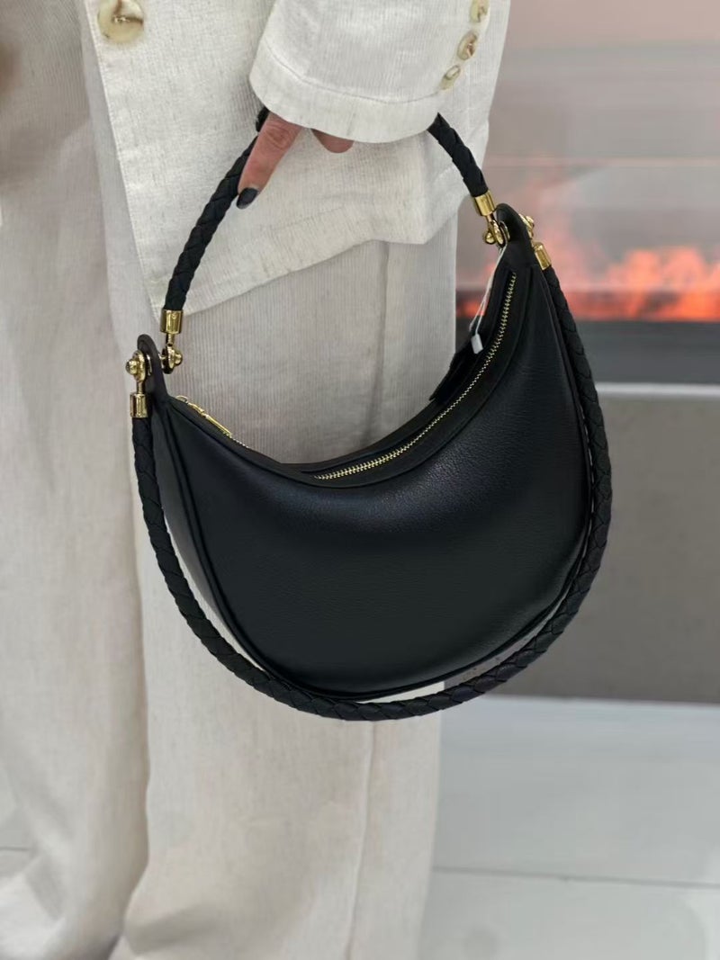 Simple Style Classic Hobo Woven Shoulder Strap Half-Moon Toe-Layer Cowhide Single Shoulder Crossbody Dumpling Bag - Image 4