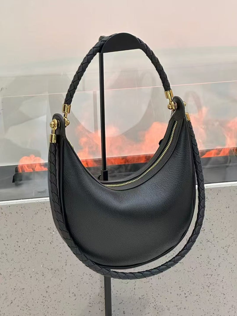 Simple Style Classic Hobo Woven Shoulder Strap Half-Moon Toe-Layer Cowhide Single Shoulder Crossbody Dumpling Bag - Image 1
