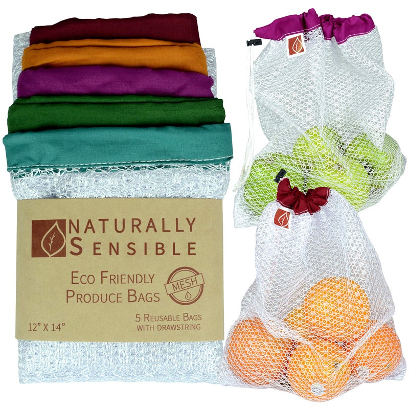 Naturally Sensible The Original Eco Friendly See Through Washable and Reusable Produce Bags Soft Premium Lightweight Nylon Mesh Large 12x14in Set of 5 Red Yellow Green Blue Purple