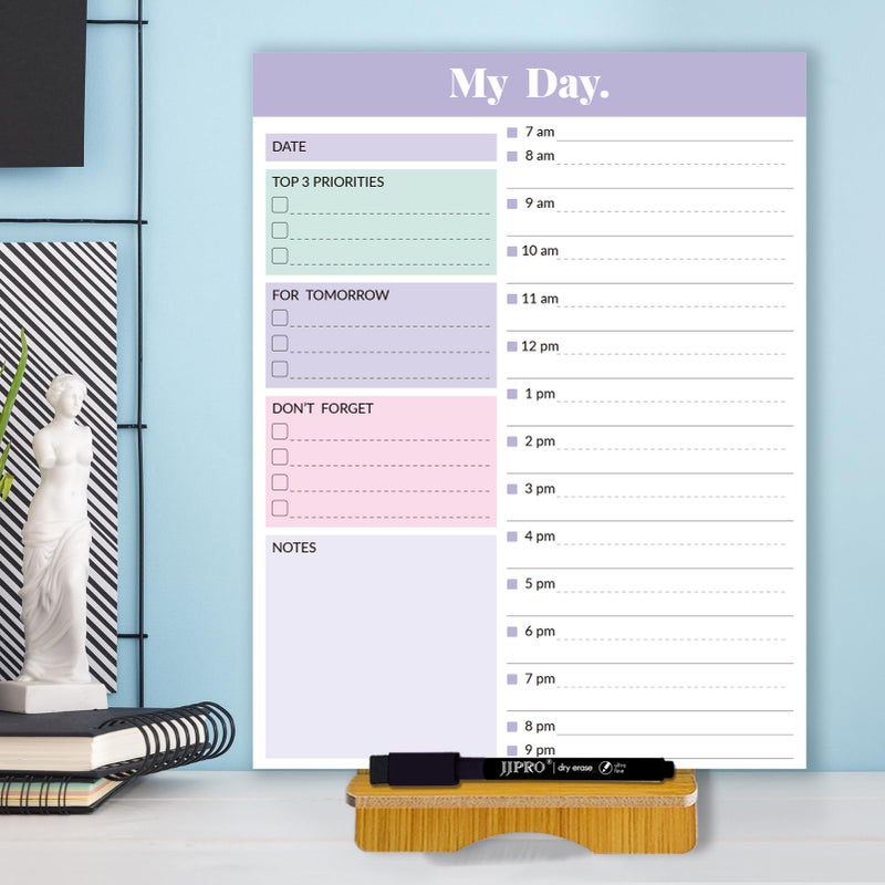 JJPRO Reusable Desktop Daily Planner with Stand,Hourly Dry Erase Board,11"x8.5"Schedule Board,Dry Erase Time Schedule with Time Slots, Desk Hourly Dry Erase Board w/Engineered Wood Stand-Purple - Image 1