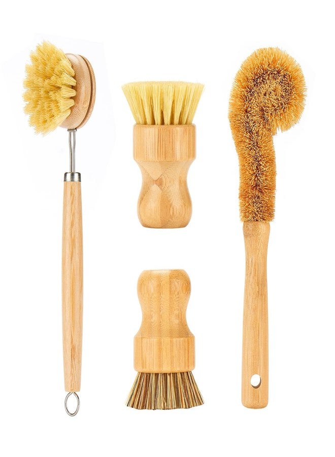 SAMEBUTECO Bamboo Dish Brushes Sets 4 Tools in One Kitchen Clean Dish Scrubber for Pots Pans Bottles with Natural Bristles (Bamboo Brushes Sets) - Image 1
