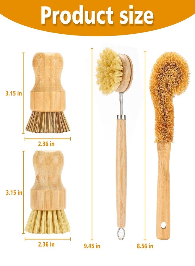 SAMEBUTECO Bamboo Dish Brushes Sets 4 Tools in One Kitchen Clean Dish Scrubber for Pots Pans Bottles with Natural Bristles (Bamboo Brushes Sets) - Image 2