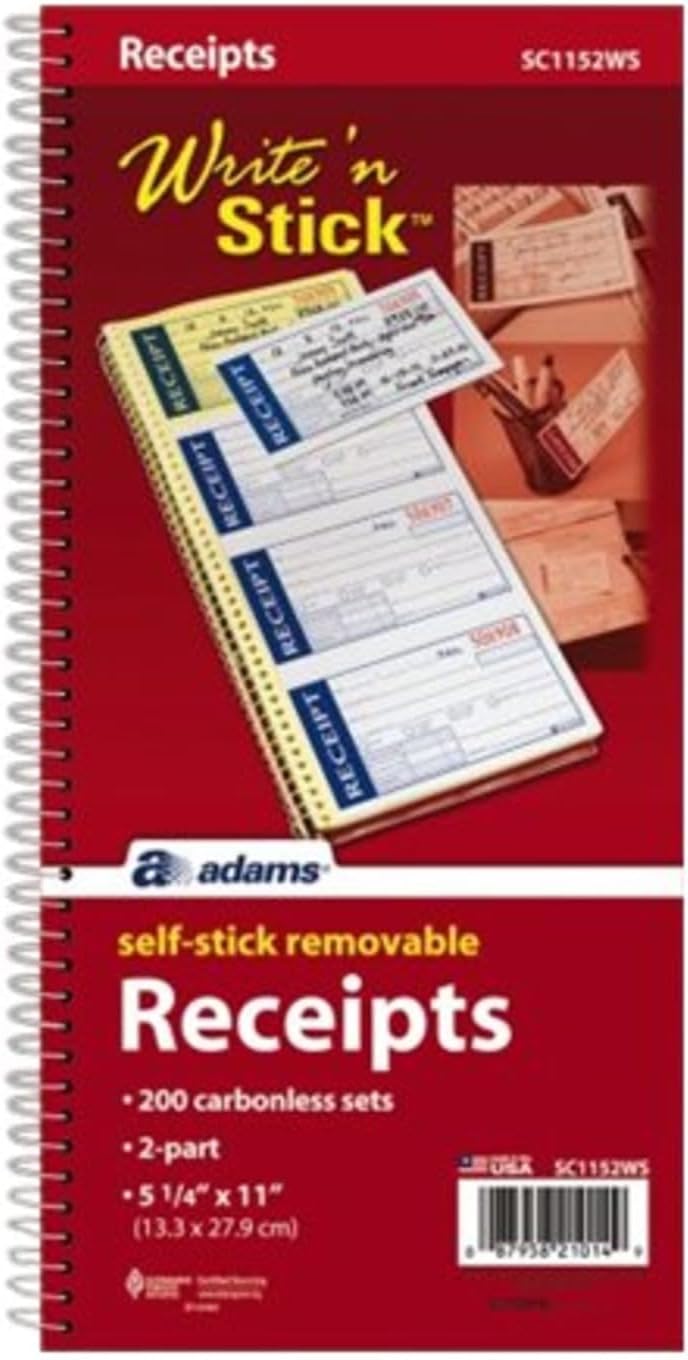 Adams Write n' Stick Receipt Book, 2-Part, Carbonless, White/Canary, 5-1/4" x 11", Spiral Bound, 200 Sets per Book, 4 Receipts per Page (SC1152WS) - Image 3