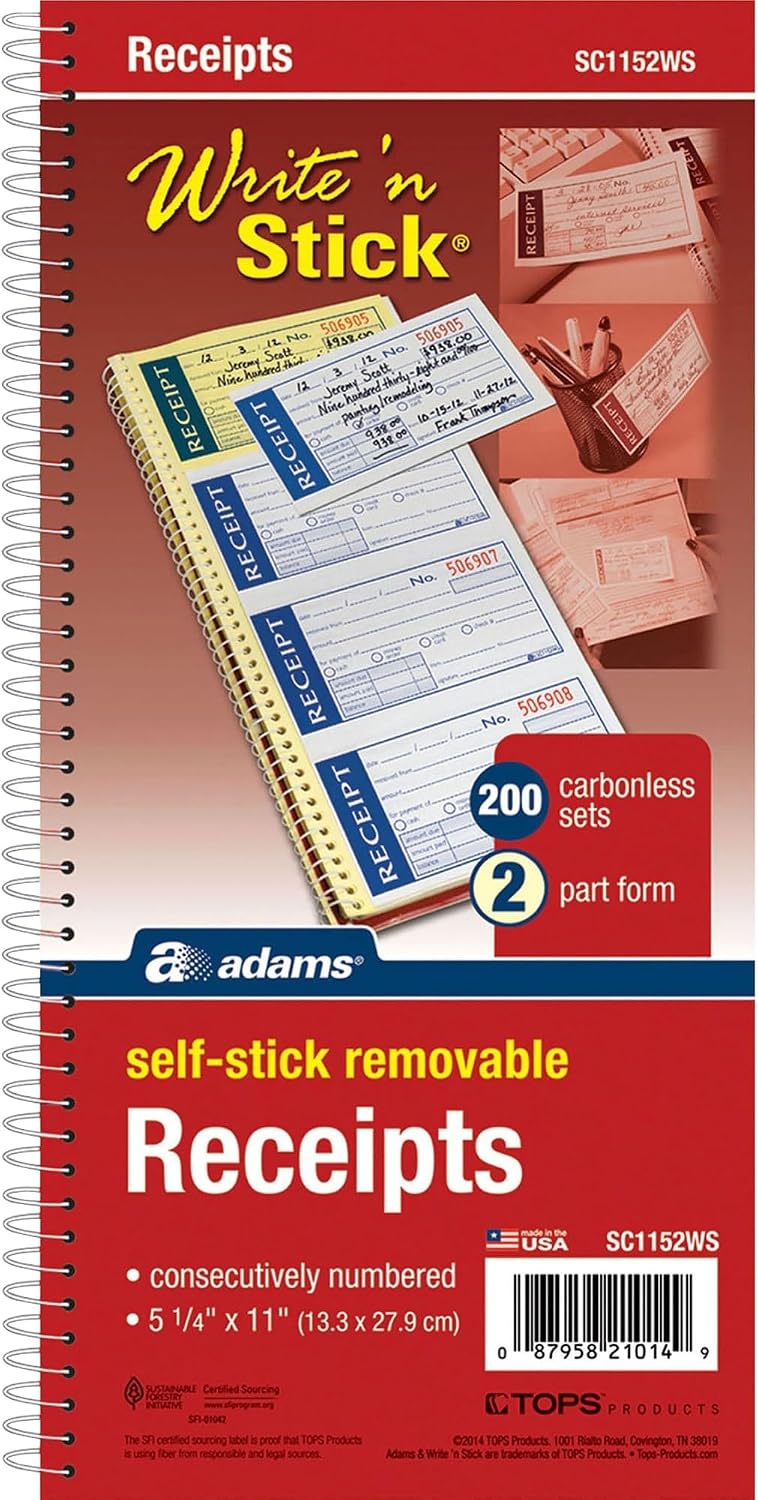 Adams Write n' Stick Receipt Book, 2-Part, Carbonless, White/Canary, 5-1/4" x 11", Spiral Bound, 200 Sets per Book, 4 Receipts per Page (SC1152WS) - Image 5