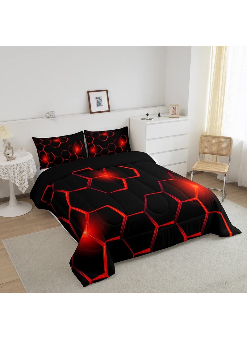Feelyou Honeycomb Kids Comforter Set Modern Geometry Hexagon Bedding Set for Boys Teens Decor Geometrical Comforter Beehive Geometric Black Red Duvet Set King Size with 3 Pillow Case Boys  - Image 2