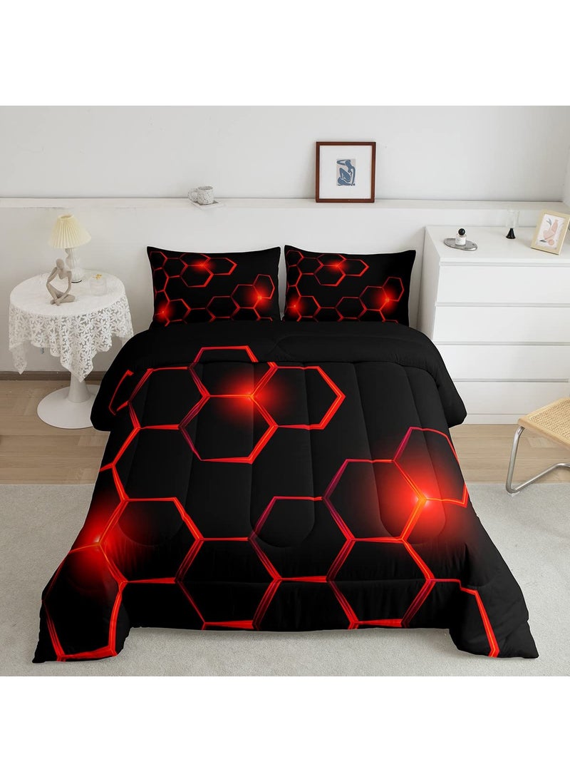 Feelyou Honeycomb Kids Comforter Set Modern Geometry Hexagon Bedding Set for Boys Teens Decor Geometrical Comforter Beehive Geometric Black Red Duvet Set King Size with 3 Pillow Case Boys  - Image 1