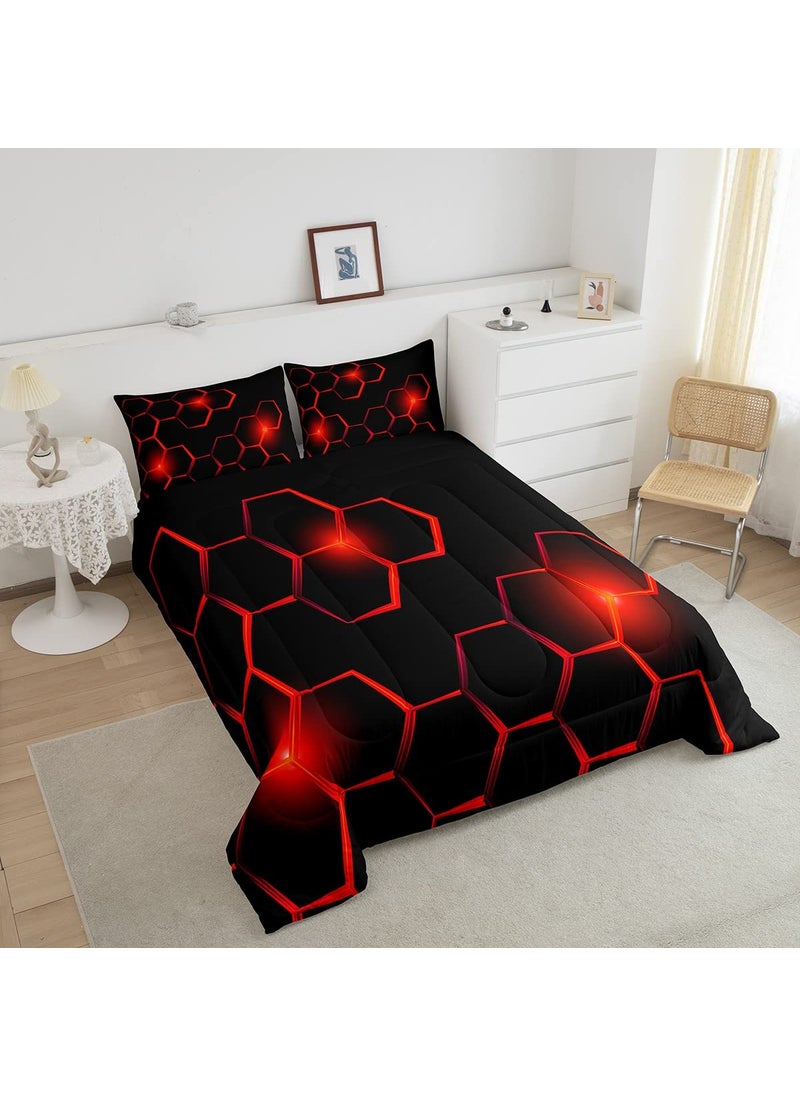 Feelyou Honeycomb Kids Comforter Set Modern Geometry Hexagon Bedding Set for Boys Teens Decor Geometrical Comforter Beehive Geometric Black Red Duvet Set King Size with 3 Pillow Case Boys  - Image 3