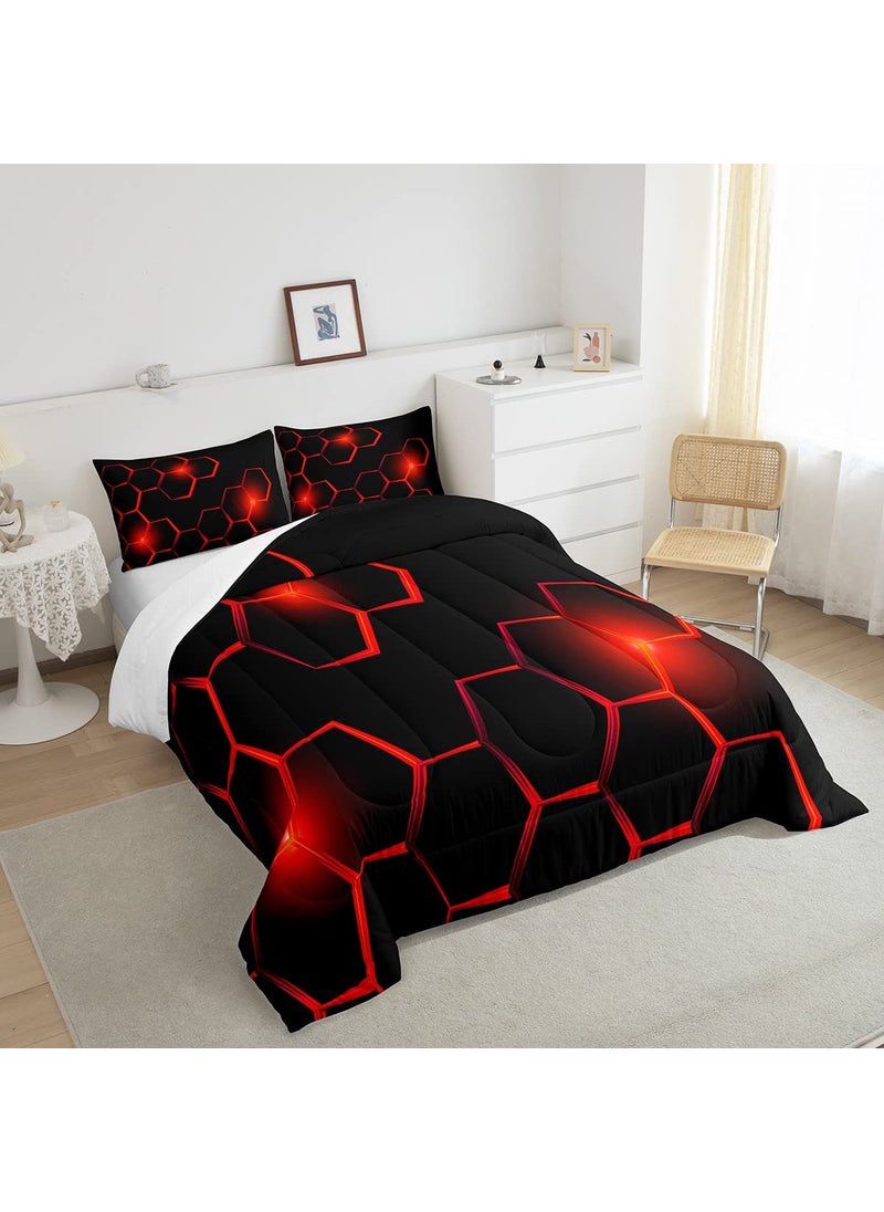 Feelyou Honeycomb Kids Comforter Set Modern Geometry Hexagon Bedding Set for Boys Teens Decor Geometrical Comforter Beehive Geometric Black Red Duvet Set King Size with 3 Pillow Case Boys  - Image 4