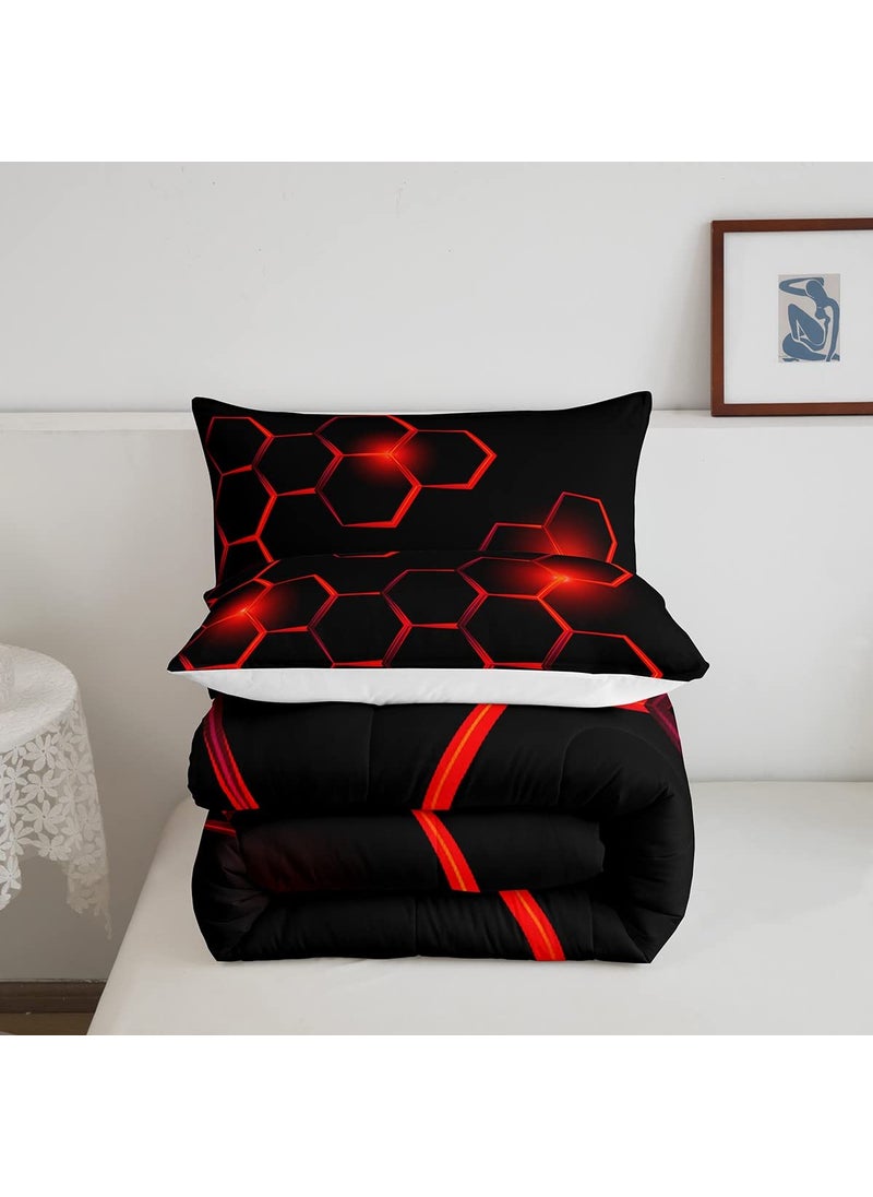 Feelyou Honeycomb Kids Comforter Set Modern Geometry Hexagon Bedding Set for Boys Teens Decor Geometrical Comforter Beehive Geometric Black Red Duvet Set King Size with 3 Pillow Case Boys  - Image 5