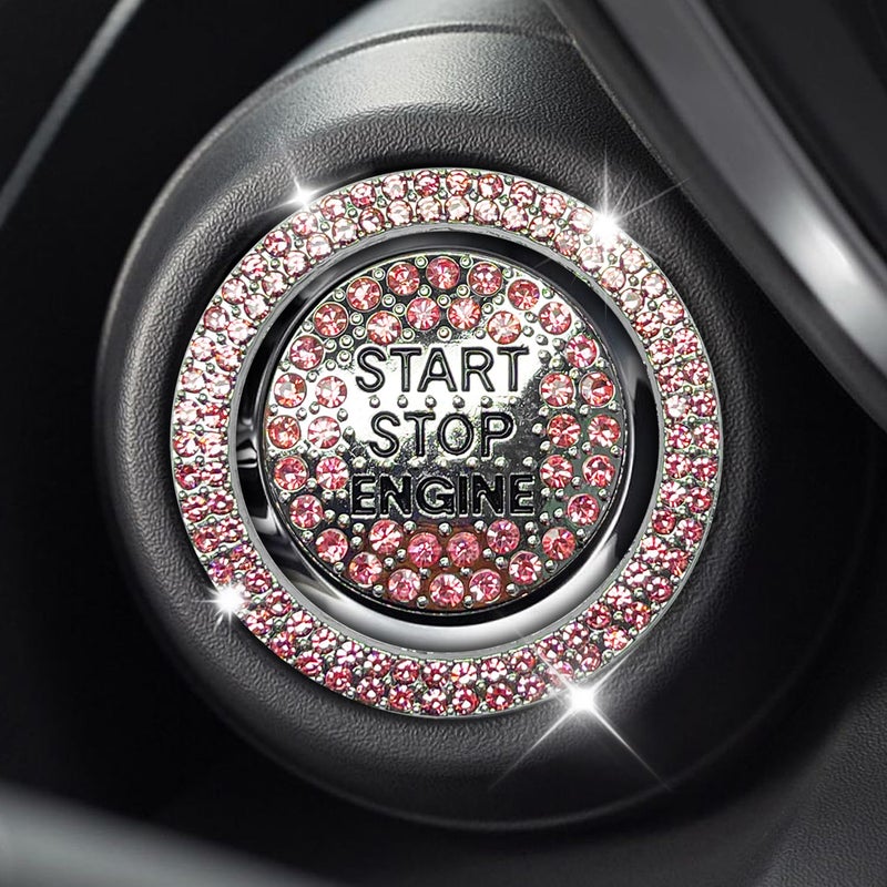Eponcia 2PCS Rhinestone Push Start Button Cover Bling Car Accessories for Women Sparkly Diamond Push to Starter Stop Button Decorative Cover Key Ignition Knob Ring Crystal Emblem StickerPink - Image 3