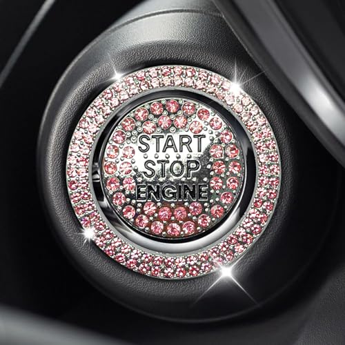 Eponcia 2PCS Rhinestone Push Start Button Cover Bling Car Accessories for Women Sparkly Diamond Push to Starter Stop Button Decorative Cover Key Ignition Knob Ring Crystal Emblem StickerPink - Image 1