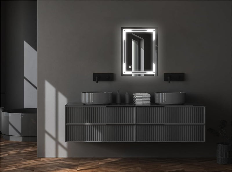 مرآة LED مربعة TRYOTONE للحمام مرآة مضاءة مثبتة على الحائط لحوض الغسيل حجم 18 × 24 بوصة مؤطرة
