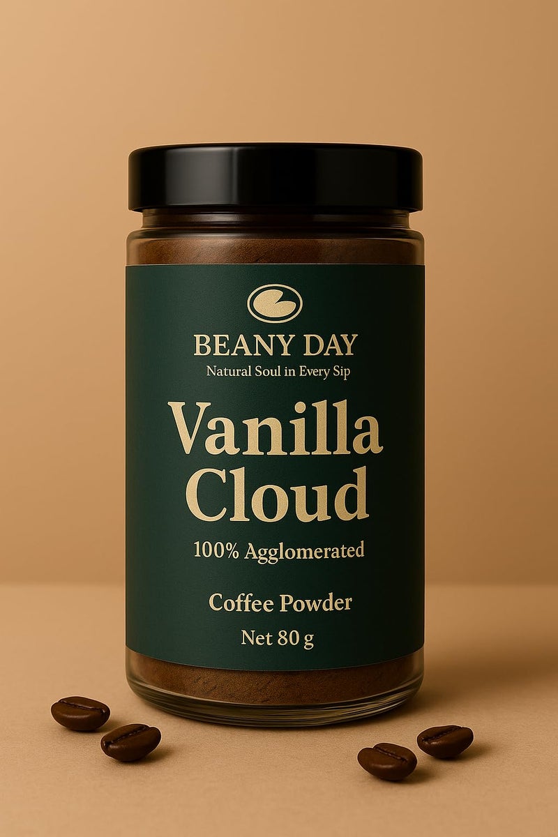 Beany Day Vanilla Cloud - Medium Roast Flavoured Instant Coffee with Natural Vanilla Essence | 80g | Premium Agglomerated Coffee | No Chicory | Ideal for Hot & Iced Coffee | 40 Cups - Image 2
