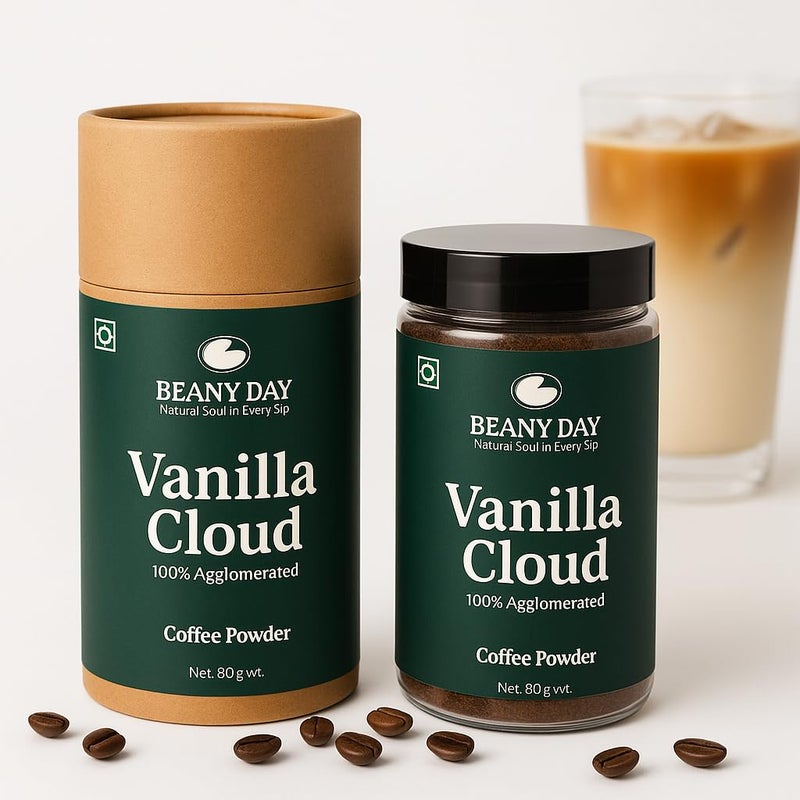 Beany Day Vanilla Cloud - Medium Roast Flavoured Instant Coffee with Natural Vanilla Essence | 80g | Premium Agglomerated Coffee | No Chicory | Ideal for Hot & Iced Coffee | 40 Cups - Image 1