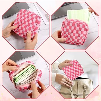 Bremorou Menstrual Bags for Teen Girls Corduroy Sanitary Napkin Storage Bag Mini Makeup Pouch Portable Period Pouch with Zipper Sanitary Pads Bag Tampons Holder for Purse First Period WomenPink  - Image 4