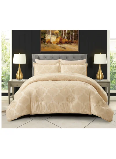 Donetella Comforter Set 4-Pcs Single Size Designer Tufted Embroidery Bed Set Fits 120 x 200 Cms (350 GSM) With Down Alternative Filling, Soft Amber