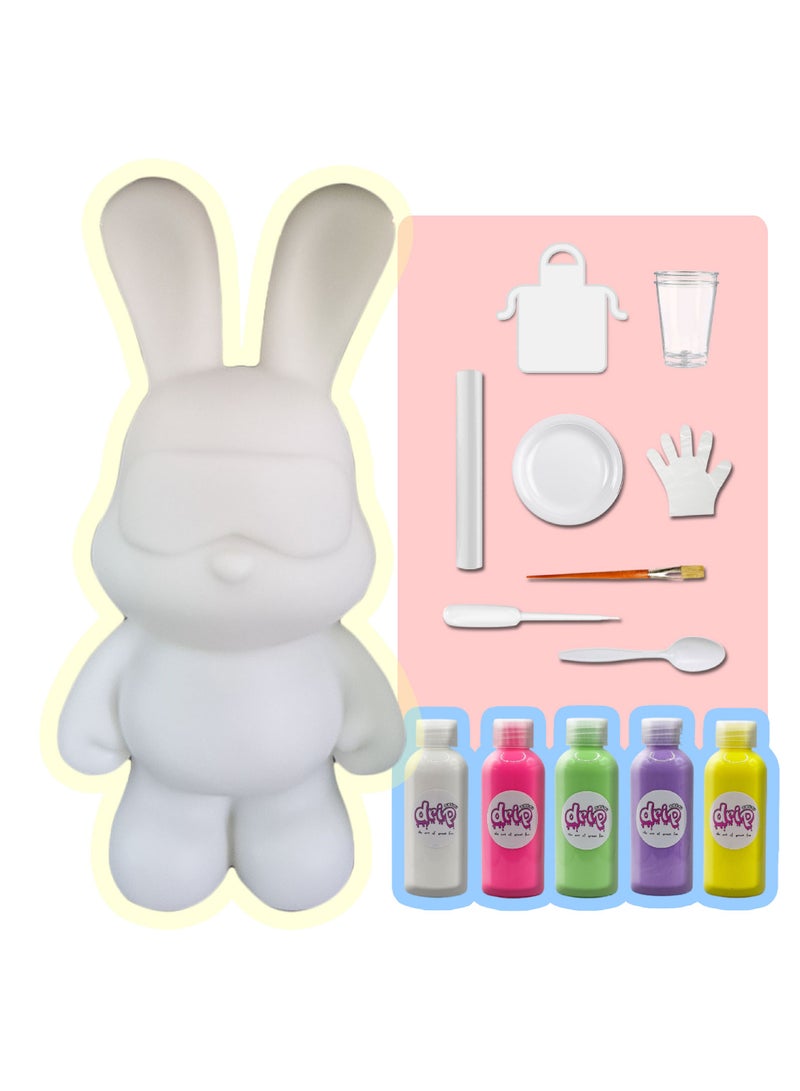 DRIP ACRYLIC POURING PIANT MONEY SAVING COOL BUNNY (13 inch - 33 cm) FLOW DIY SET RABBIT Colors: White, Fluorescent-Pink, Mint-Green, Light-Purple, Lemon-Yellow. - Image 1