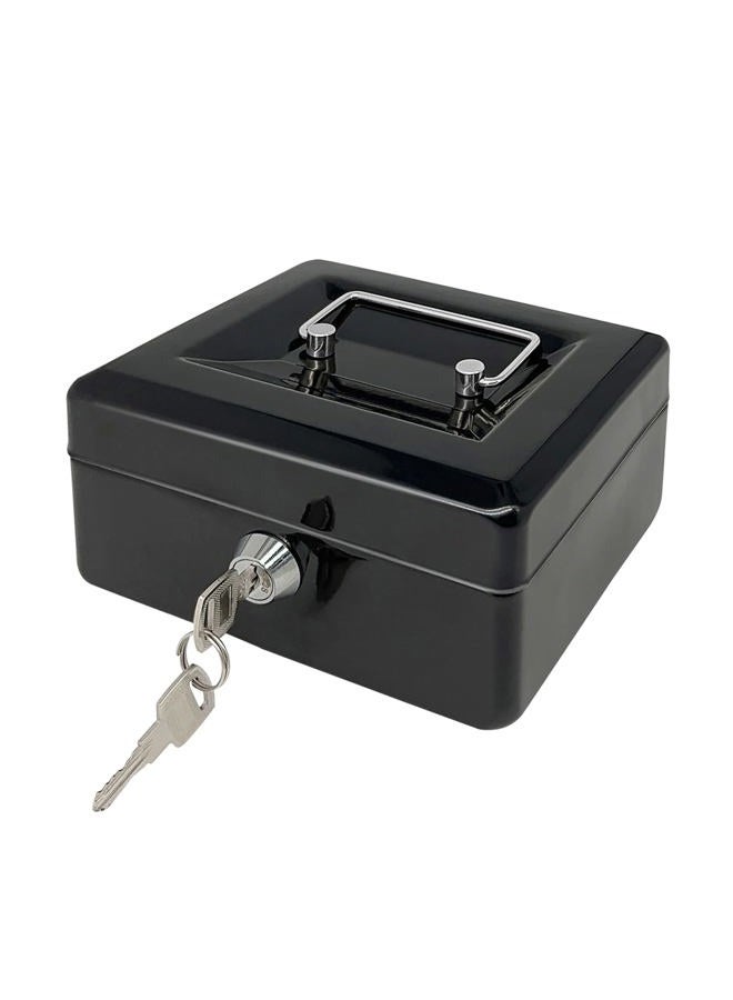 PACOLO Steel Cash Box with Key Lock, Metal Small Money Organizer with Money Tray,Cash Storage Box with Lockable Cover (Black - 6 inch) - Image 1