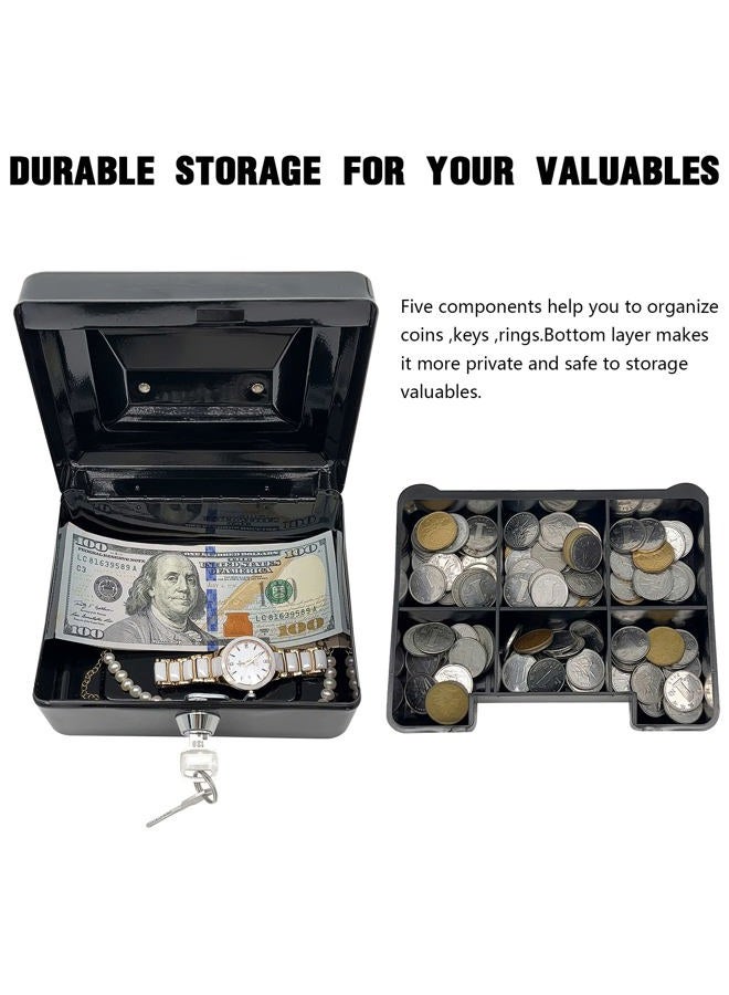 PACOLO Steel Cash Box with Key Lock, Metal Small Money Organizer with Money Tray,Cash Storage Box with Lockable Cover (Black - 6 inch) - Image 4