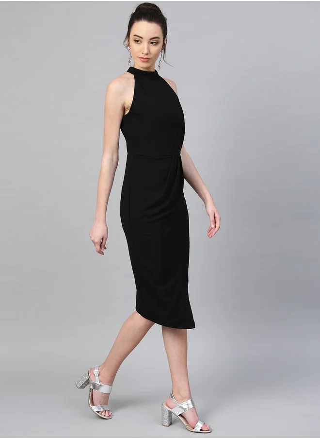 Athena Solid Halter Neck Sheath Knee Length Dress