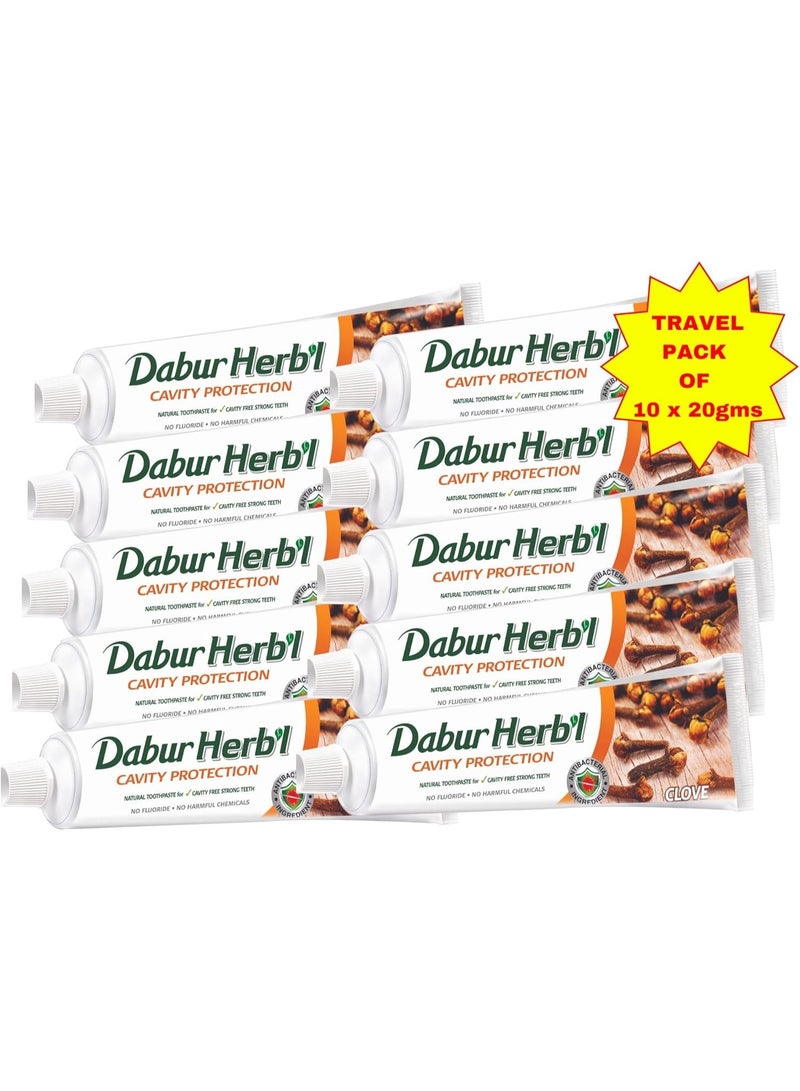 دابر معجون أسنان دابور العشبي الصغير بخلاصة القرنفل لحماية الأسنان من التسوس (10 قطع × 20 غرام) | حجم مناسب للسفر | معجون أسنان طبيعي خالٍ من الفلورايد لحماية الأسنان من التسوس وأسنان قوية | عبوة اقتصادية - Image 1