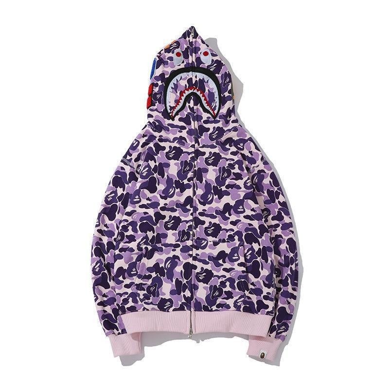 جاكيت كاموفلاج عصري بتصميم مميز من Bape مع طبعة ثلاثية الأبعاد لسمكة القرش، سترة بغطاء رأس وسحاب للرجال والنساء