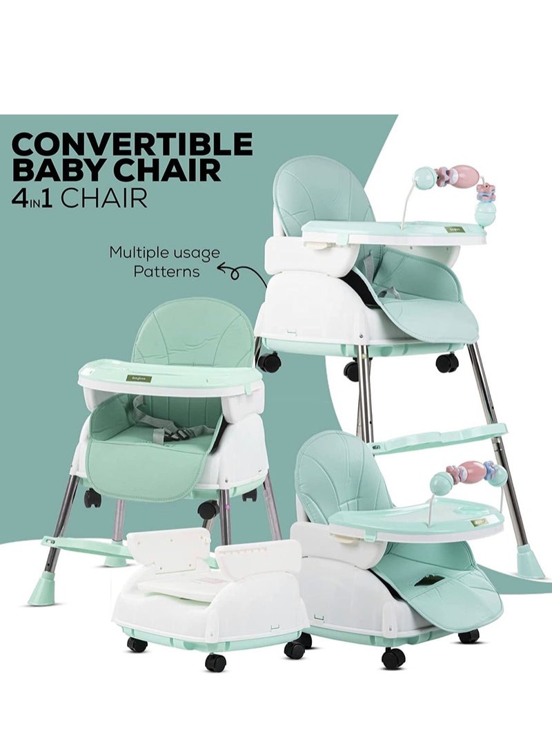 Baybee 4 in 1  Convertible High Chair for Kids with Adjustable Height and Footrest, Baby Toddler Feeding Booster Seat with Tray, Wheels, Safety Belt and Cushion For 6 Months to 4 Years (green )  - Image 1