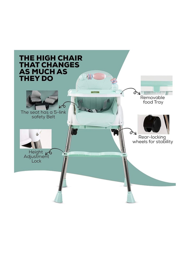 Baybee 4 in 1  Convertible High Chair for Kids with Adjustable Height and Footrest, Baby Toddler Feeding Booster Seat with Tray, Wheels, Safety Belt and Cushion For 6 Months to 4 Years (green )  - Image 4
