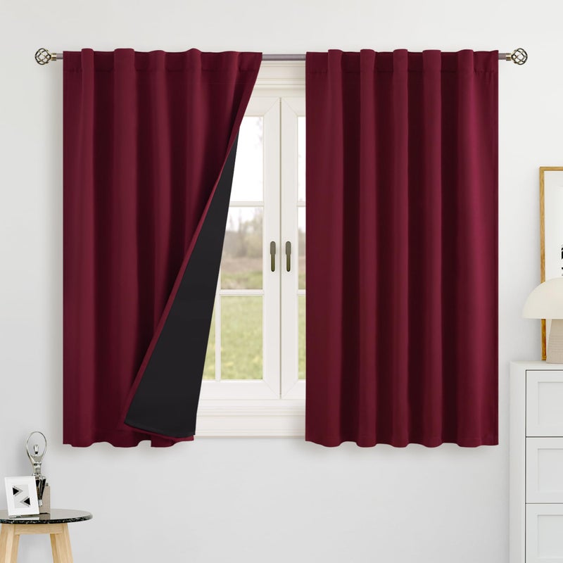 BGment Burgundy Red 100% Blackout 48 Inch Curtains for Small Window  Rod Pocket and Back Tab Double Layer Black Out Thermal Insulated Room Darkening Curtain for Kitchen  2 Panels  Each 42 x 48 Inch - Image 1