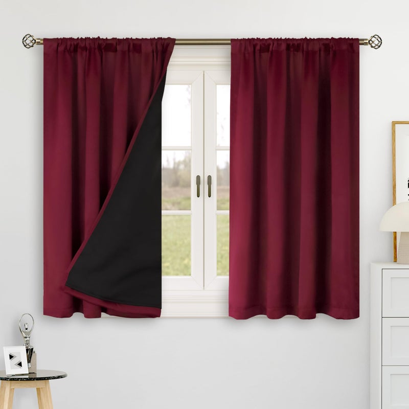 BGment Burgundy Red 100% Blackout 48 Inch Curtains for Small Window  Rod Pocket and Back Tab Double Layer Black Out Thermal Insulated Room Darkening Curtain for Kitchen  2 Panels  Each 42 x 48 Inch - Image 2