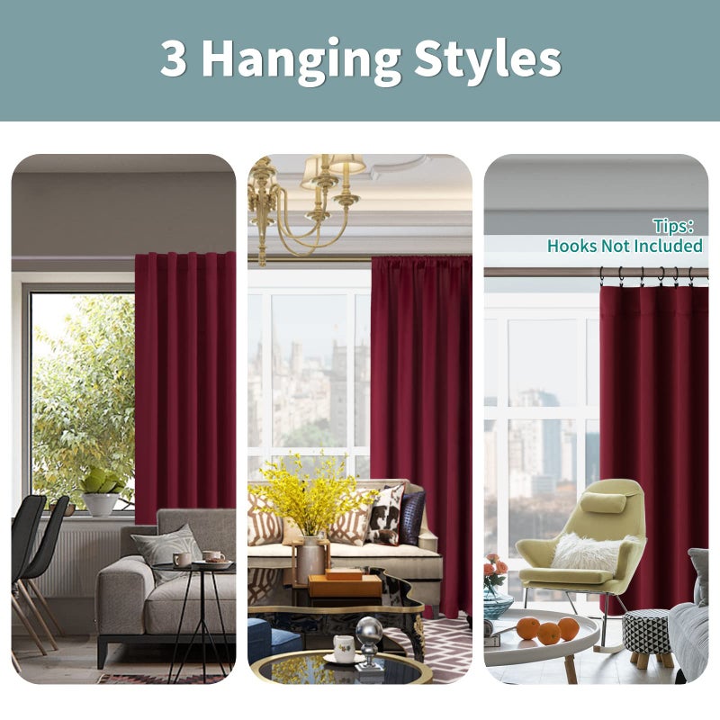 BGment Burgundy Red 100% Blackout 48 Inch Curtains for Small Window  Rod Pocket and Back Tab Double Layer Black Out Thermal Insulated Room Darkening Curtain for Kitchen  2 Panels  Each 42 x 48 Inch - Image 3