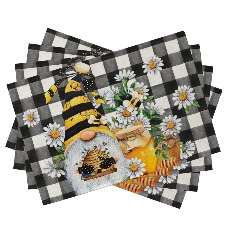 Seliem Spring Bee Gnome Daisy Placemats Set of 4 Honey Black White Buffalo Check Plaid Dining Table Place Mats Summer Seasonal Farmhouse Kitchen Decor Home Decoration 12 x 18 Inch