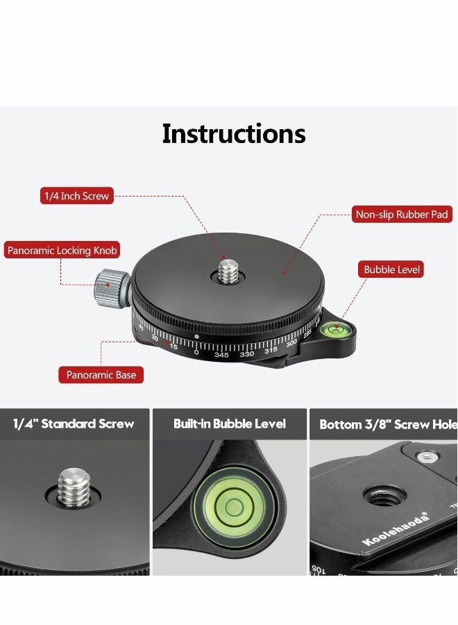 Camera Panoramic Panning Base with Arca Swiss Style Plate, 3/8" Screw Aluminum Alloy  Black Panorama Tripod Head Bubble Level for Monopod DSLR Cameras, Load Capacity 22 LBS - Image 5