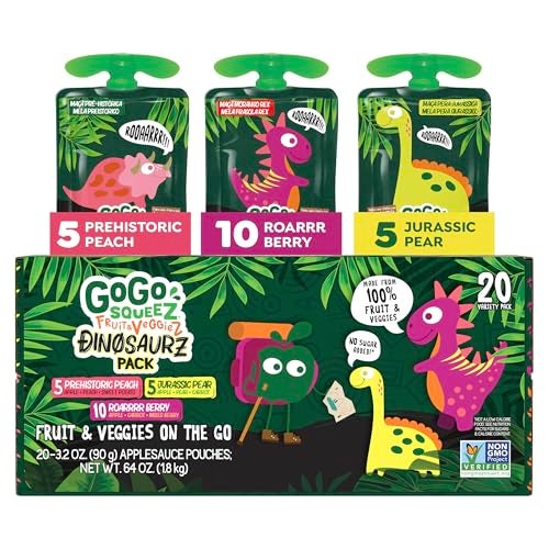 GoGo squeeZ Fruit & veggieZ Applesauce and Puree Variety Pack, Jurassic Pear, Roarrrr Berry & Prehistoric Peach, 3.2 oz (Pack of 20), Unsweetened Snacks for Kids, BPA Free Pouches - Image 1