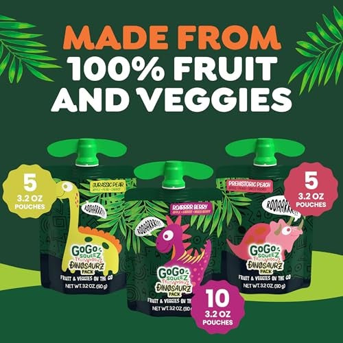 GoGo squeeZ Fruit & veggieZ Applesauce and Puree Variety Pack, Jurassic Pear, Roarrrr Berry & Prehistoric Peach, 3.2 oz (Pack of 20), Unsweetened Snacks for Kids, BPA Free Pouches - Image 2