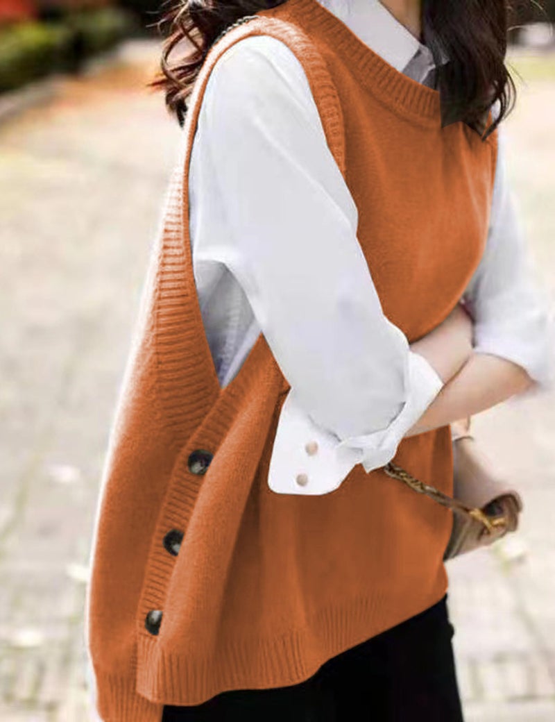 HangNiFang Women's Round Neck Sleeveless Pullover Ribbed Knit Sweater Vest Top (0199-Orange-XS) - Image 2