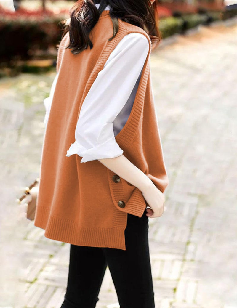 HangNiFang Women's Round Neck Sleeveless Pullover Ribbed Knit Sweater Vest Top (0199-Orange-XS) - Image 3