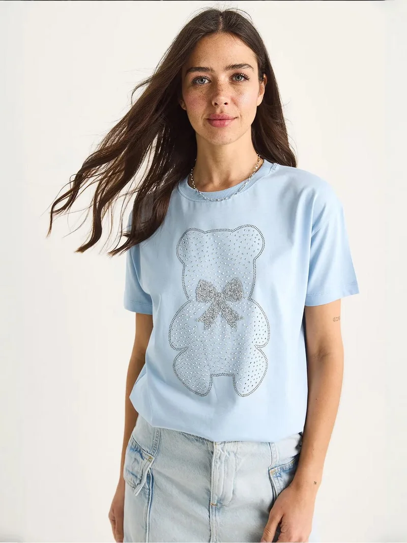 Bianco Lucci Baby Blue LUCCI Embroidered Crew Neck Printed T-Shirt for Women | Best Price UAE