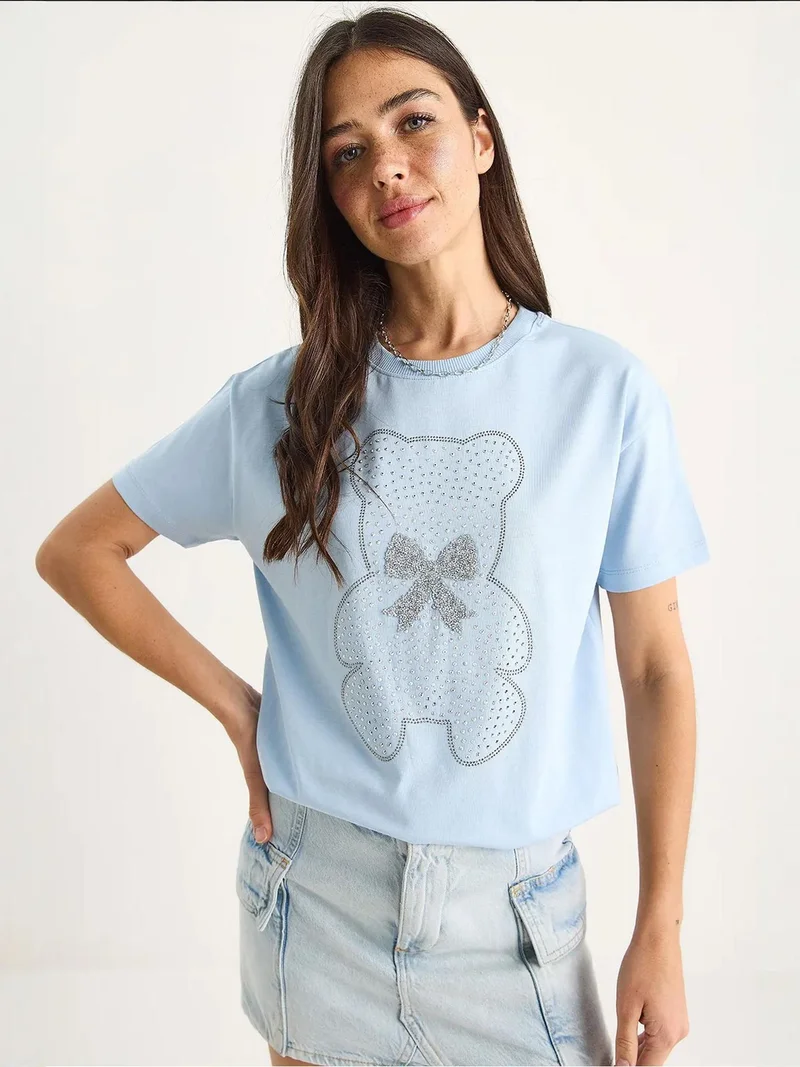 Bianco Lucci Baby Blue LUCCI Embroidered Crew Neck Printed T-Shirt for Women | Best Price UAE