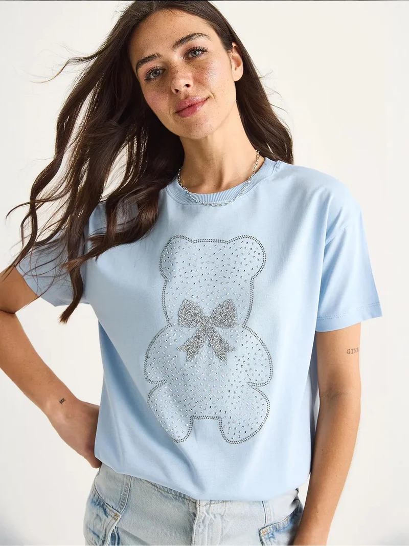 Bianco Lucci Baby Blue LUCCI Embroidered Crew Neck Printed T-Shirt for Women | Best Price UAE