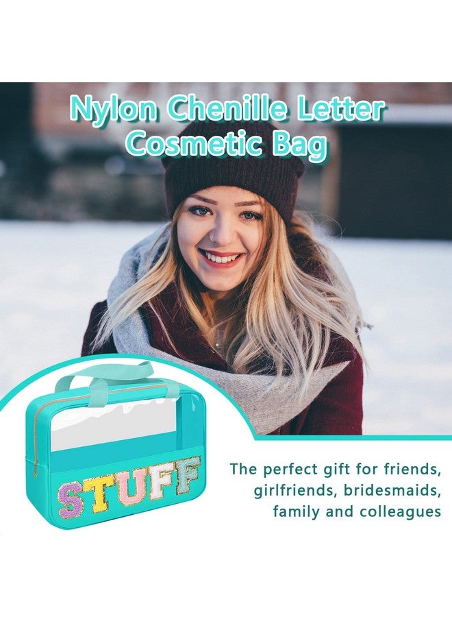 شنيل رسالة التصحيح الاشياء حقيبة Preppy ماكياج واضح حقيبة مستحضرات التجميل كبيرة أدوات الزينة تخزين حمل حقيبة مع مقبض شفاف نايلون مقاوم للماء منظم سستة الحقيبة للسفر النساء الفتيات (الأخضر) - Image 5