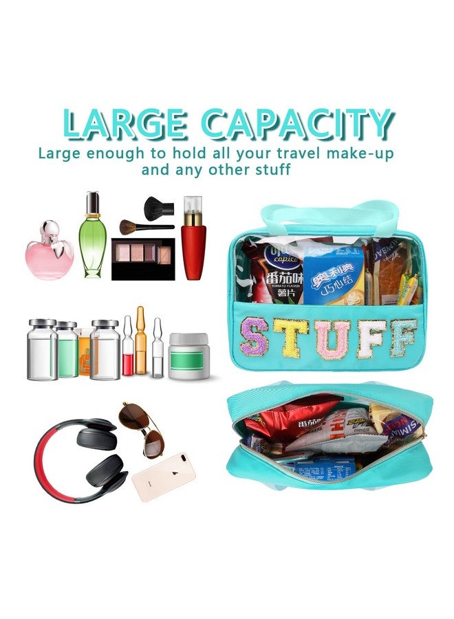 شنيل رسالة التصحيح الاشياء حقيبة Preppy ماكياج واضح حقيبة مستحضرات التجميل كبيرة أدوات الزينة تخزين حمل حقيبة مع مقبض شفاف نايلون مقاوم للماء منظم سستة الحقيبة للسفر النساء الفتيات (الأخضر) - Image 4