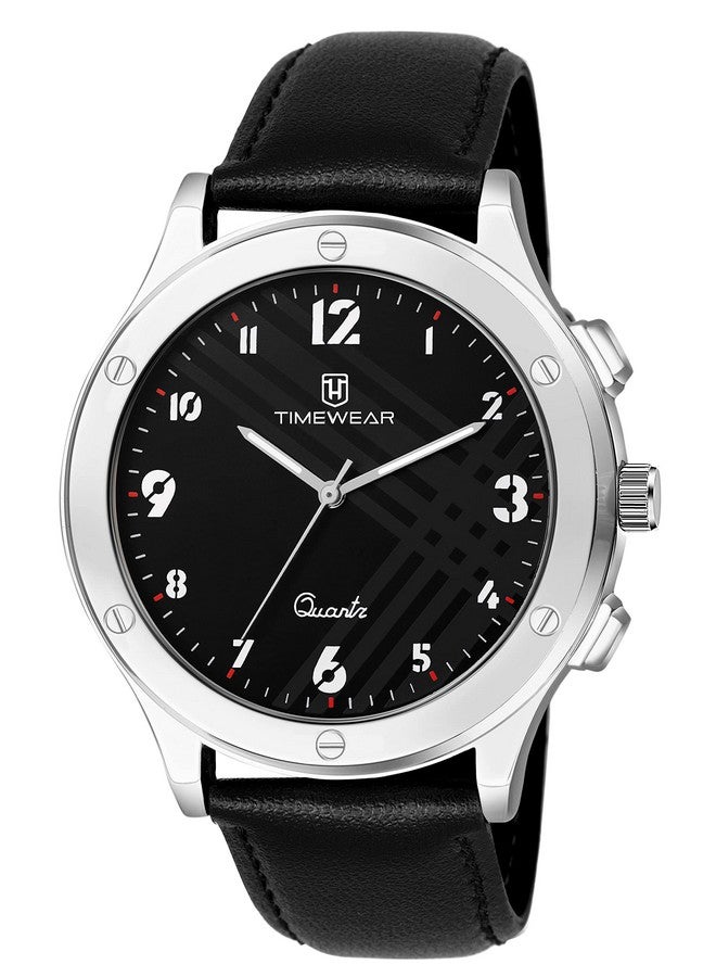 TIMEWEAR Leather Analog New Track Black Number Dial Black Strap Watch For Men, Black Band - Image 1