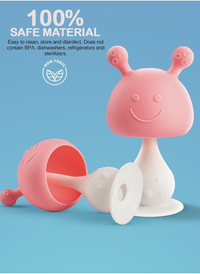 BAYBEE - Mushroom Silicone Teether For Baby Bpa Free Food Grade Silicone Nipple Teether For Babies Baby Teether Chewing Toys Rattle Handle Teething Toy Rattle Teether Baby Infant Pink - Image 1