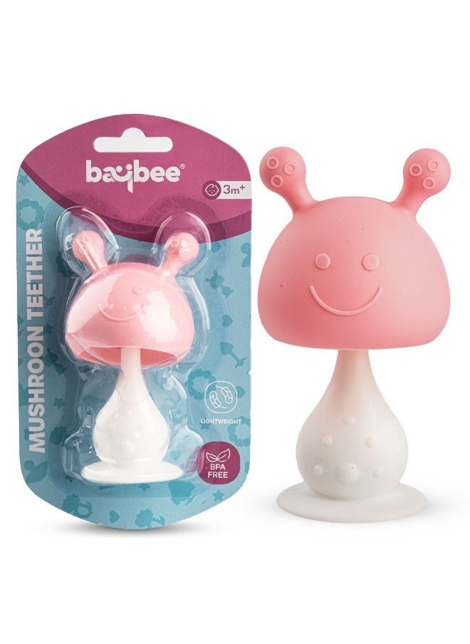 BAYBEE - Mushroom Silicone Teether For Baby Bpa Free Food Grade Silicone Nipple Teether For Babies Baby Teether Chewing Toys Rattle Handle Teething Toy Rattle Teether Baby Infant Pink - Image 1