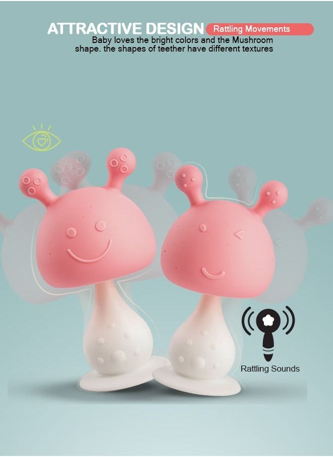 BAYBEE - Mushroom Silicone Teether For Baby Bpa Free Food Grade Silicone Nipple Teether For Babies Baby Teether Chewing Toys Rattle Handle Teething Toy Rattle Teether Baby Infant Pink - Image 1