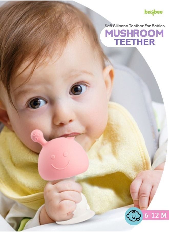 BAYBEE - Mushroom Silicone Teether For Baby Bpa Free Food Grade Silicone Nipple Teether For Babies Baby Teether Chewing Toys Rattle Handle Teething Toy Rattle Teether Baby Infant Pink - Image 1